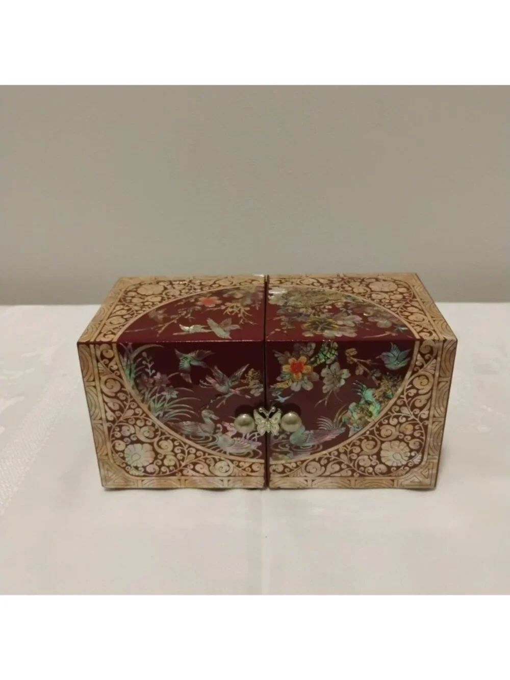 Vintage Korean Mother of Pearl Jewelry Box Red Lacquerware Folding 4 Drawer